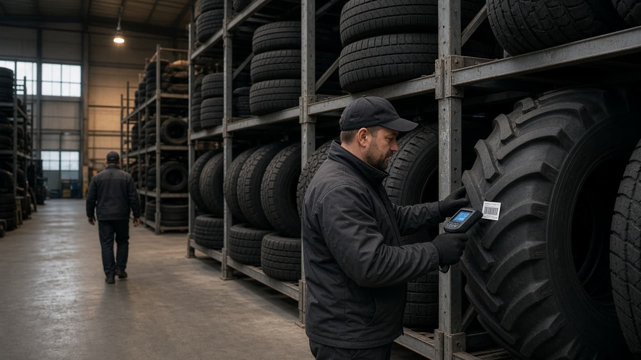 Warehouse worker scanning a barcode on an agricultural tire for first-in-first-out picking