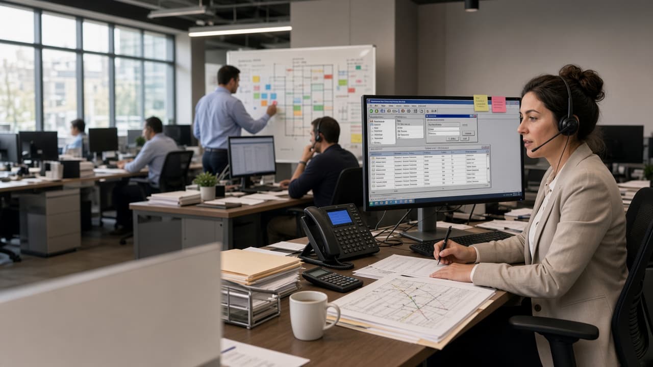 Freight broker working in a modern operations room with an outdated dispatch platform and paper workarounds
