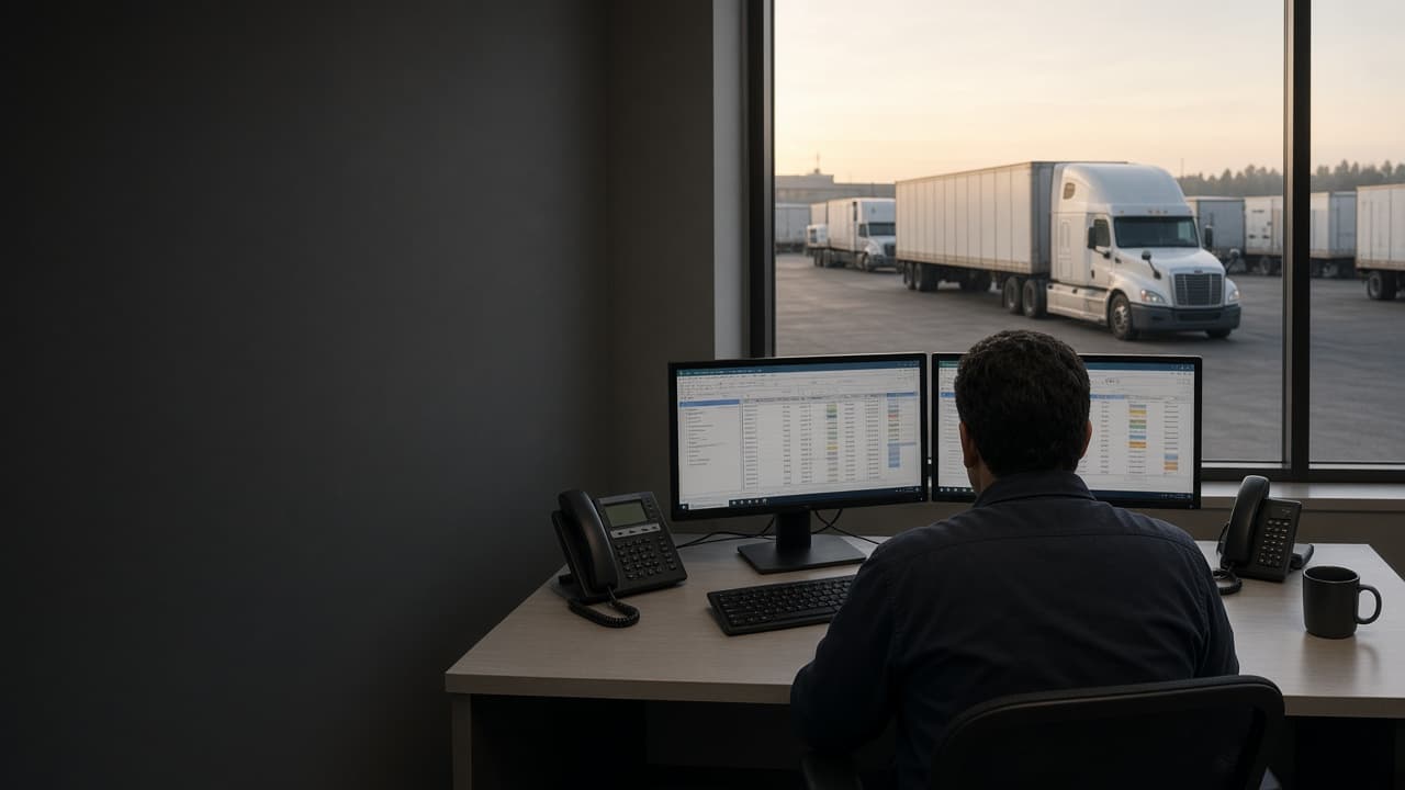 Dispatcher working from spreadsheet-based load boards with trucks visible in the carrier yard