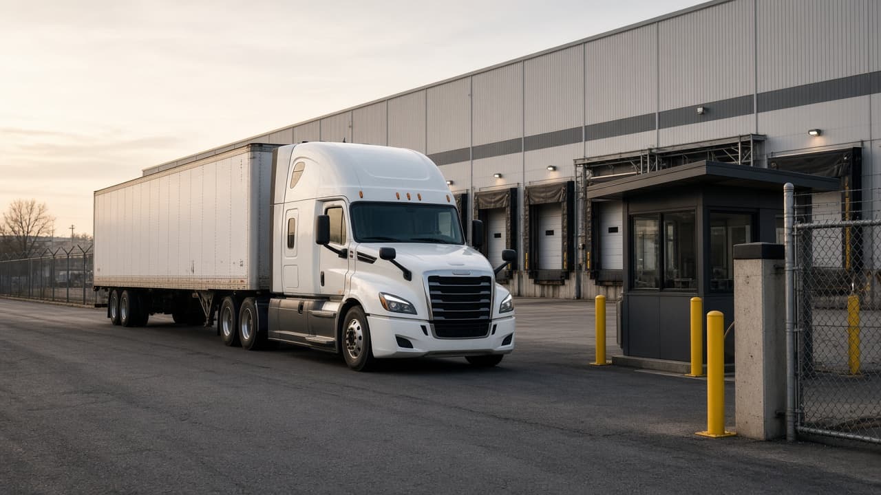 American semi truck arriving at a secured warehouse gate for a freight pickup