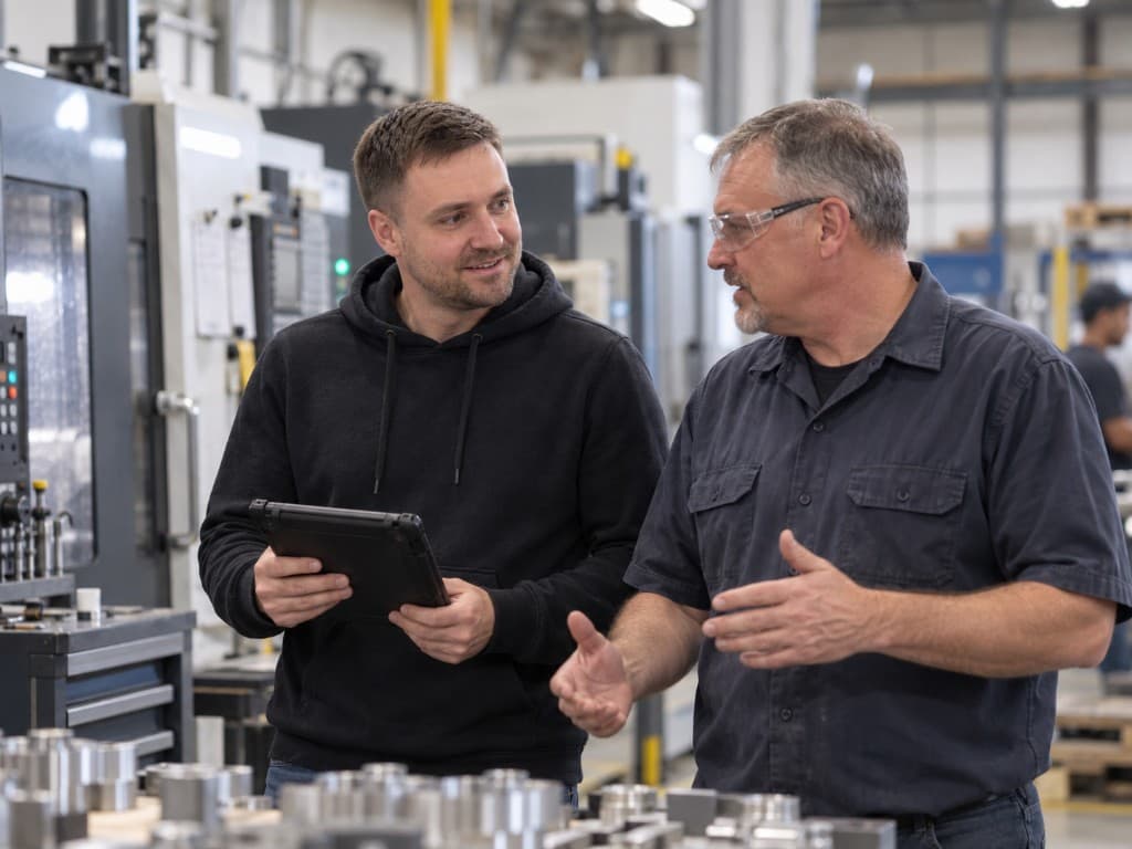 Systems specialist walking a fabrication floor with an operations manager